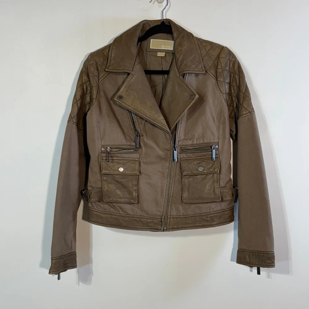 Michael Kors Brown Leather Cotton Moto Jacket Women’s Medium Zippers Pockets